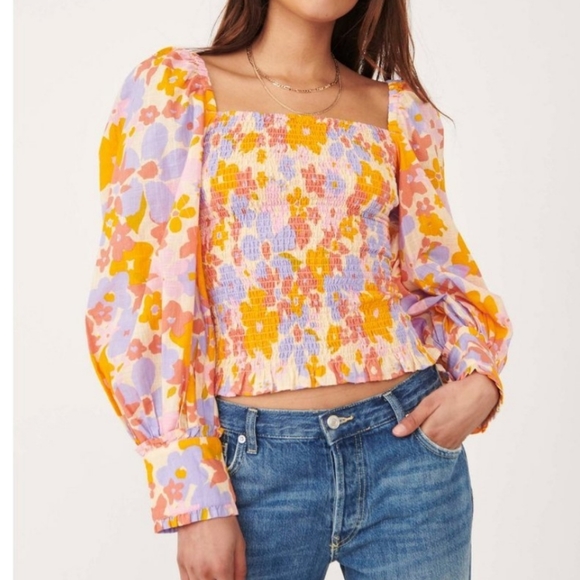 Free People Tops - Free People Ariana Printed Puff Sleeve Top Ribbed Ruffle Cuff Blouse